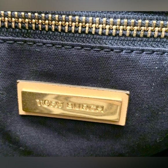 TORY BURCH Canvas and Leather Tote Bag Leather Logo Bag Charm EUC - Picture 5 of 16